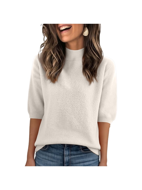 Womens Half Sleeve Sweater Mock Neck Summer Casual Basic Knit Pullover Tops Dress Loose Fit Shirts Beige 2XL