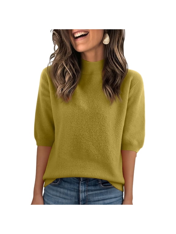 Womens Half Sleeve Sweater Mock Neck Summer Casual Basic Knit Pullover Tops Dress Loose Fit Shirts Earthy Yellow S