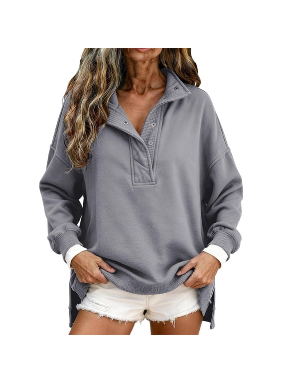 Womens Henley Collar Oversized Sweatshirt | Long Sleeve Turtle Neck Soft Fleece Pullover,Loose Fit Snap Button,Casual Daily For School Office Dark Gray S