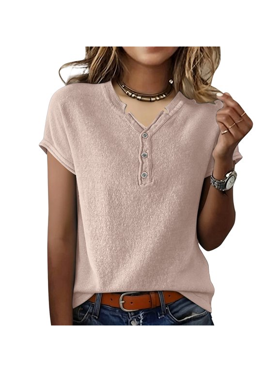 Womens Henley Sweaters Casual Cap Sleeve Tops Summer Business Work Loose Fitted Shirts Pink M
