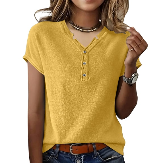 Lumtrix Womens Henley Sweaters Casual Cap Sleeve Tops Summer Business Work Loose Fitted Shirts Yellow S