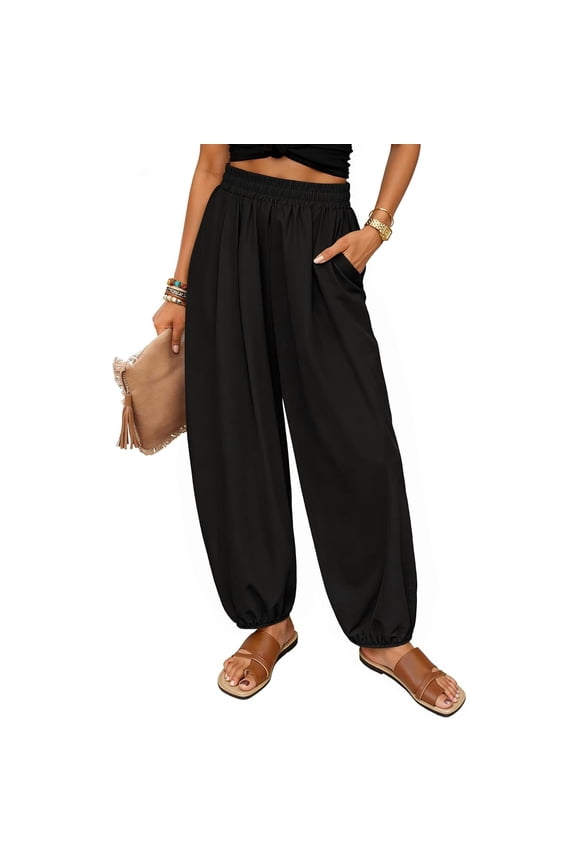 Womens High Waisted Wide Leg Smocked Palazzo Pants 2026 Summer Lounge Parachute Pant Beach Travel Vacation Trousers Clothes Black L