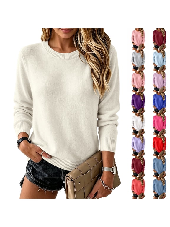 Womens Knit Sweater Crewneck Long Sleeve Tops Fashion Long Sleeve Soft Pullover Lightweight Business Casual Fashion Shirts Beige L