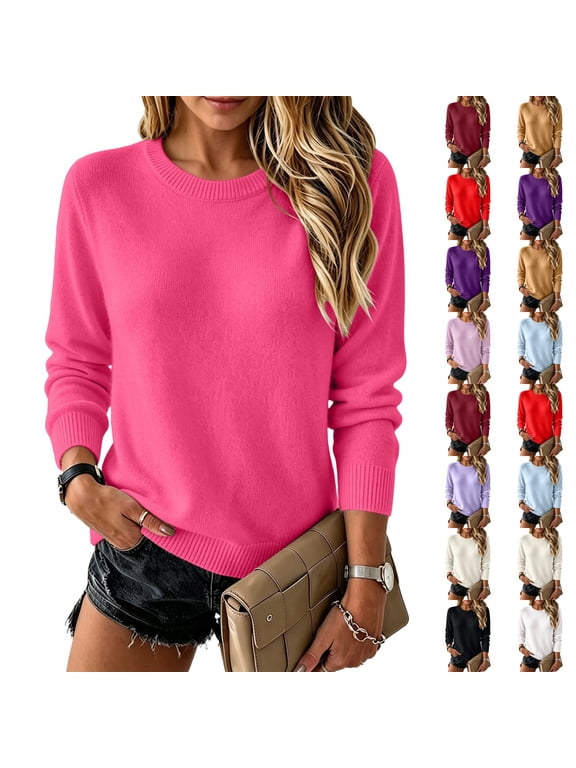 Womens Knit Sweater Crewneck Long Sleeve Tops Fashion Long Sleeve Soft Pullover Lightweight Business Casual Fashion Shirts Hot Pink M