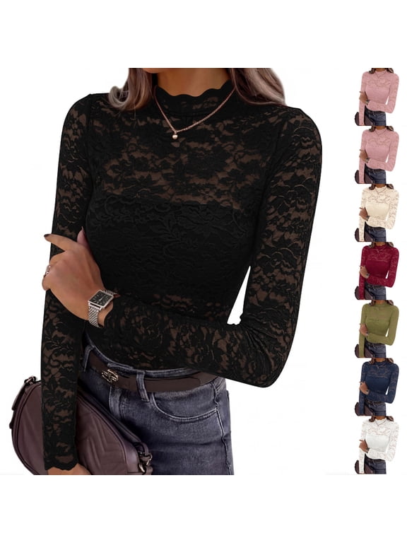Womens Lace Long Sleeve Tops Sheer Mesh Blouse Mock Neck Floral See Through Slim Fitted Elegant Going Out Shirts for Concert Club Party Black L