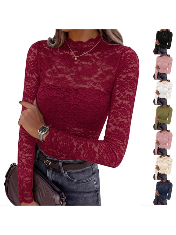 Womens Lace Long Sleeve Tops Sheer Mesh Blouse Mock Neck Floral See Through Slim Fitted Elegant Going Out Shirts for Concert Club Party Wine S