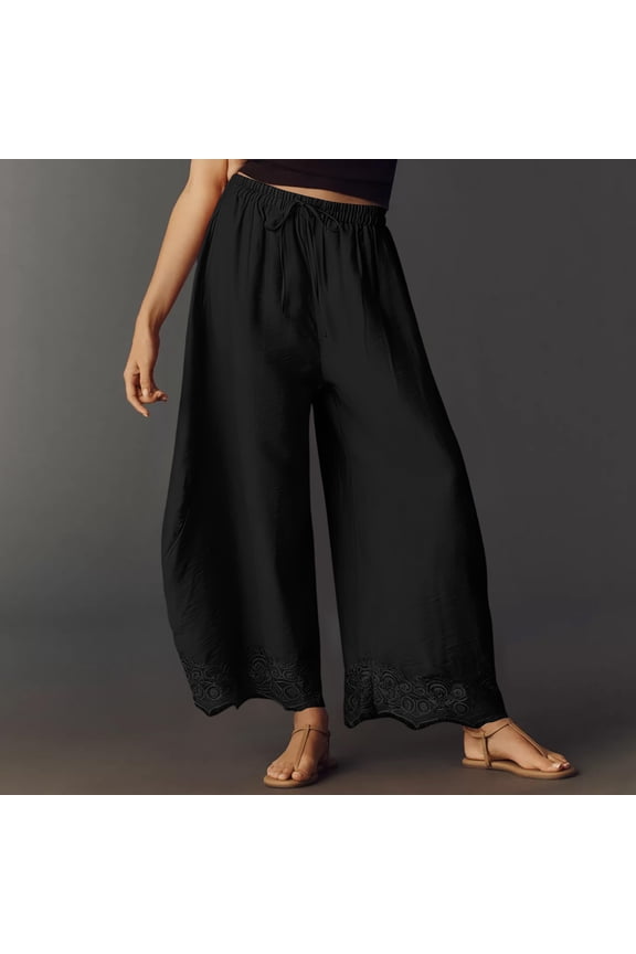 Womens Lace Trim Gaucho Pants Drawstring High Waisted Flowy Cropped Pants Summer Wide Leg Petite Trousers With Pockets Black 2XL