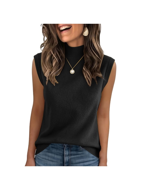 Womens Lightweight Sweater Vest Mock Neck Tank Top Soft Business Casual Sleeveless Shirts Black L