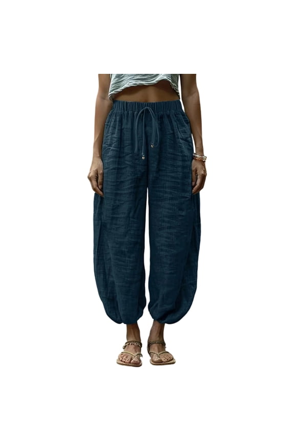 Womens Linen Barrel Harem Pants Casual Wide Leg Baggy Balloon Drawstring Boho Summer Beach Vacation Palazzo Travel Pants Navy S