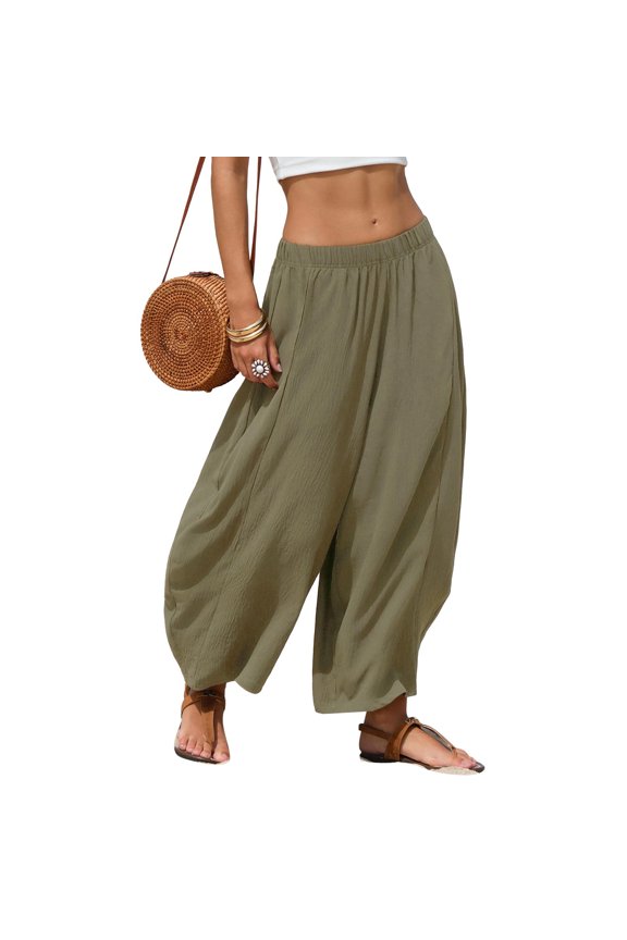 Womens Linen Barrel Pants Baggy Elastic Waist Drawstring Pants Casual Loose Lightweight Trouser Gray M