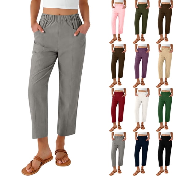 Lumtrix Womens Linen Capri Pants Summer Lightweight Elastic Waist Work Pant Ankle Cropped Trousers with Pockets Gray M