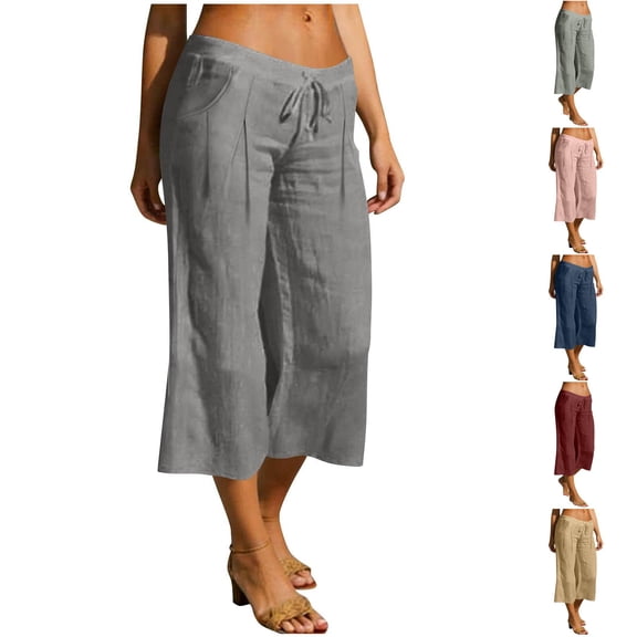 Lumtrix Womens Linen Capri Pants Wide Leg Drawstring Elastic Low Waist Cropped Pant Breathable Lightweight Loose Capris For Beach Khaki M