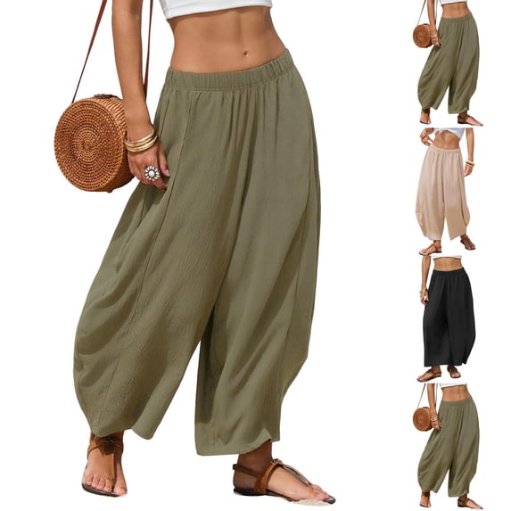 Lumtrix Womens Linen Wide Leg Boho Pants Summer Palazzo Casual Loose Elastic Waist Pants Baggy Beach Vacation Trousers Khaki XL