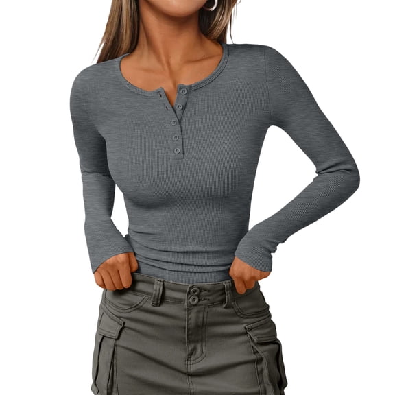 Lumtrix Womens Long Sleeve Henley Shirts Slim Fit Ribbed Tops 2026 Casual Fashion Tops Basic Trendy T-Shirts Soft Clothing Dark Gray L
