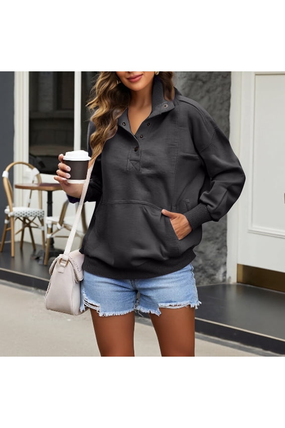 Womens Long Sleeve Sweatshirt Casual Henley Neck Pullover Tops Lapel Button Up Sweatshirt Lightweight Loose Tops with Pocket Dark Gray _DE05 M
