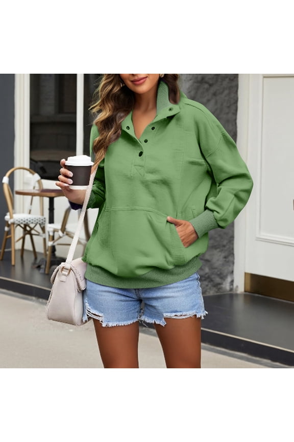 Womens Long Sleeve Sweatshirt Casual Henley Neck Pullover Tops Lapel Button Up Sweatshirt Lightweight Loose Tops with Pocket Mint Green _DE05 M