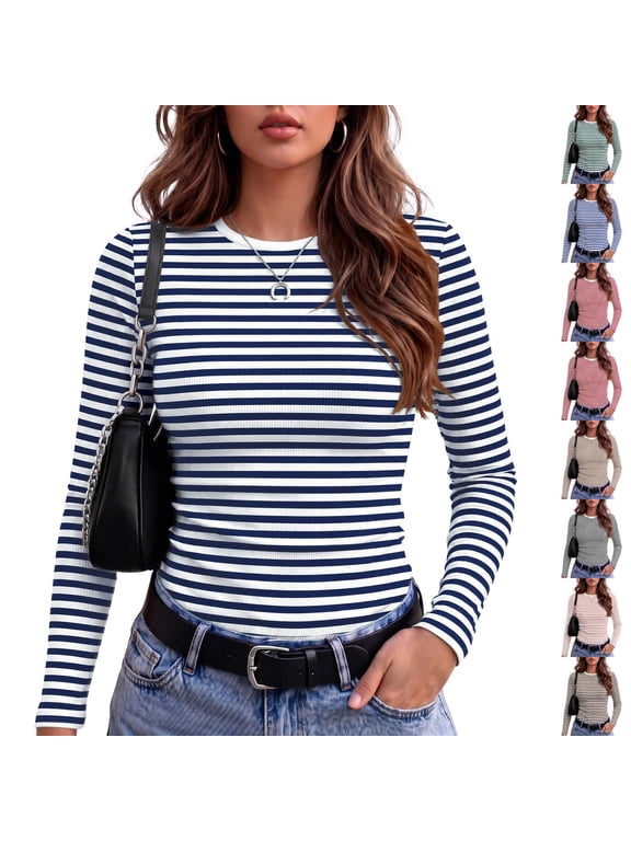 Womens Long Sleeve Tops Ribbed Slim Fit Basic Shirts Underscrubs Fall Cropped Winter Layer Daily Wear Casual Going Out & Work Wear Blue L