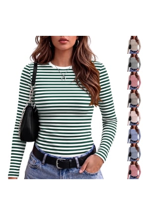 Womens Long Sleeve Tops Ribbed Slim Fit Basic Shirts Underscrubs Fall Cropped Winter Layer Daily Wear Casual Going Out & Work Wear Green M