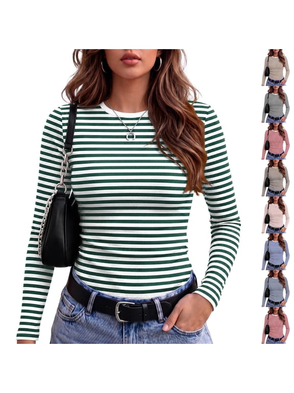 Womens Long Sleeve Tops Ribbed Slim Fit Basic Shirts Underscrubs Fall Cropped Winter Layer Daily Wear Casual Going Out & Work Wear Green XL