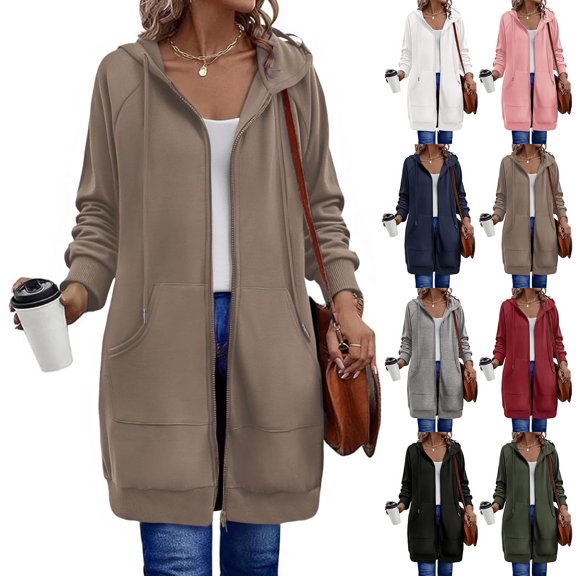 Lumtrix Womens Long Zip Up Hoodie Jacket Casual Open Front Tunic Sweatshirt with Pockets Lightweight Fall Winter Jackets Black L