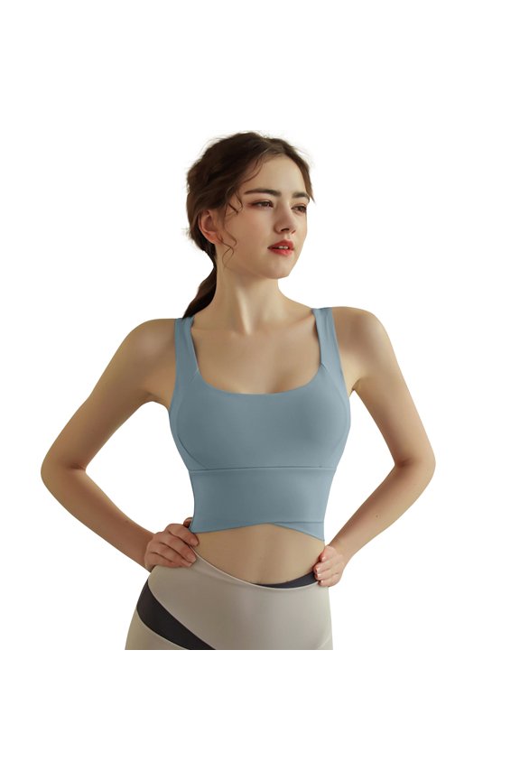 Womens Longline Square Neck Sports Bras - Basic Wireless Comfortable Seamless Sleep Yoga Sports Bras Crop Tank Yoga Workout Tops Blue 34
