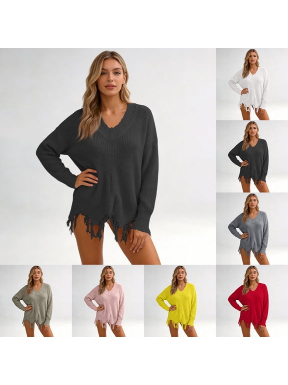 Womens Loose Fit Knitted Sweater Solid V Neck Long Sleeve Pullover Ripped Off The Shoulder Top White S