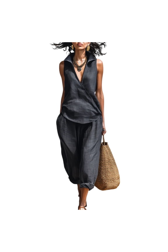 Womens Lounge Cotton Linen Two Piece Outfits Spring Summer Oversized Sleeveless Tops And Wide Leg Capris Suits Sets Black XL