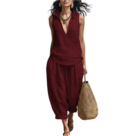 Lumtrix Womens Lounge Cotton Linen Two Piece Outfits Spring Summer Oversized Sleeveless Tops And Wide Leg Capris Suits Sets Red 2XL