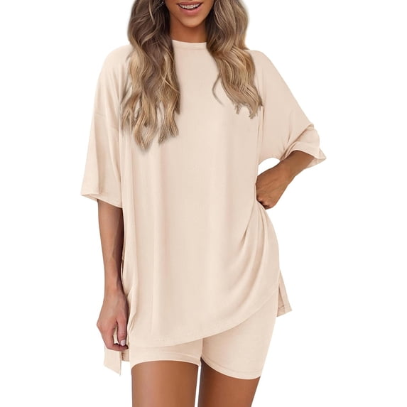 Lumtrix Womens Lounge Sets Shorts 2 Piece Matching Oversized T Shirt Biker Short Summer Outfits 2026 Casual Sweatsuits Spring Clothes Beige 2XL