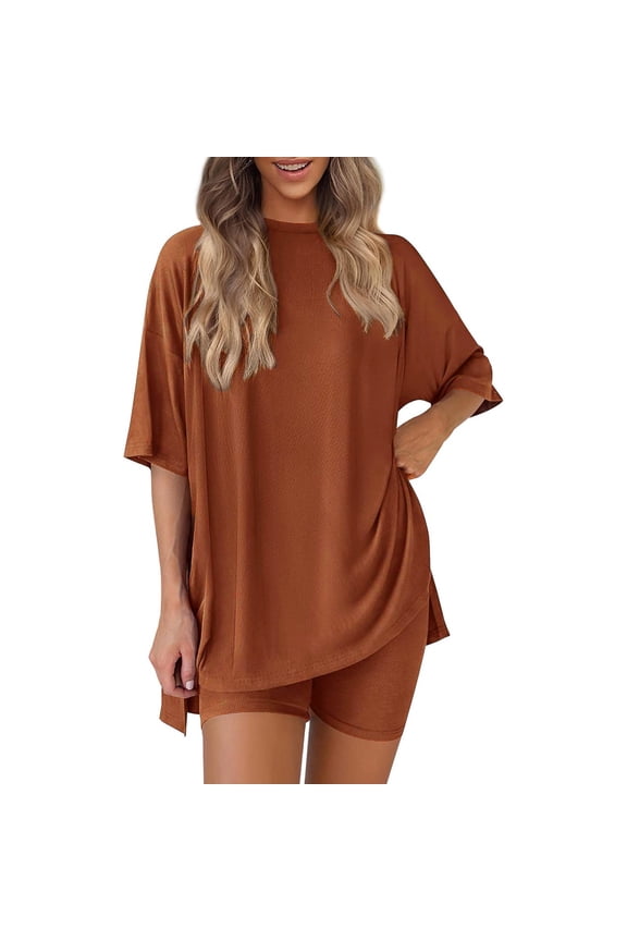 Womens Lounge Sets Shorts 2 Piece Matching Oversized T Shirt Biker Short Summer Outfits 2026 Casual Sweatsuits Spring Clothes Brown XL