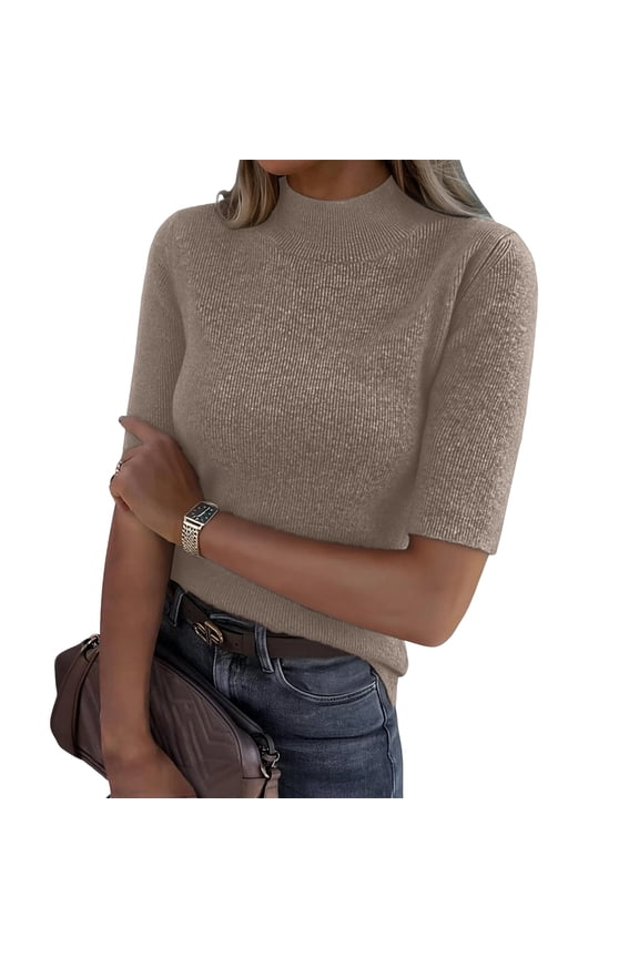 Womens Mock Neck Half Sleeve Sweater Ribbed Knit Slim Fit Shirt 2026 Summer Fall Dressy Casual Blouse Camel L
