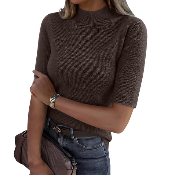 Lumtrix Womens Mock Neck Half Sleeve Sweater Ribbed Knit Slim Fit Shirt 2026 Summer Fall Dressy Casual Blouse Coffee 2XL