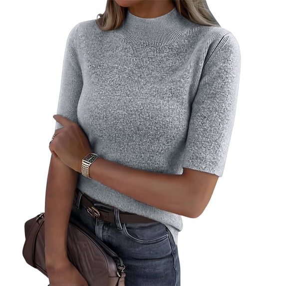 Lumtrix Womens Mock Neck Half Sleeve Sweater Ribbed Knit Slim Fit Shirt 2026 Summer Fall Dressy Casual Blouse Light Gray M