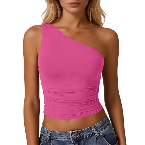 Lumtrix Womens One Shoulder Top Summer Going Out Pleated Crop Tank Tops Y2K Fashion Cami Cute Slim Fit Shirt Hot Pink M