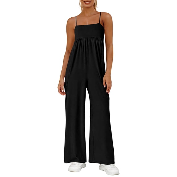 Lumtrix Womens Overalls Loose Fit One Piece Jumpsuits Wide Leg Jumpsuits Spaghetti Strap Summer Rompers With Pockets Travel Vacation Outfits Black M