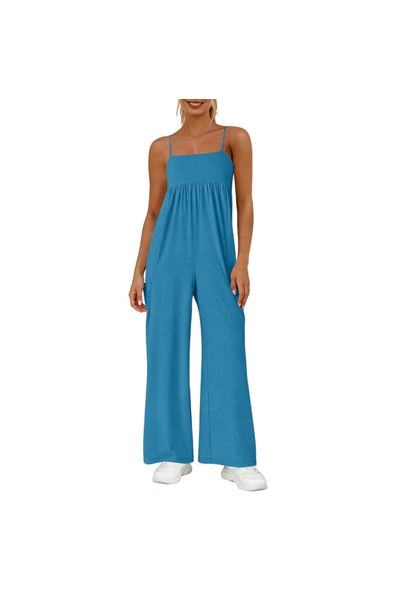 Womens Overalls Loose Fit One Piece Jumpsuits Wide Leg Jumpsuits Spaghetti Strap Summer Rompers With Pockets Travel Vacation Outfits Blue S