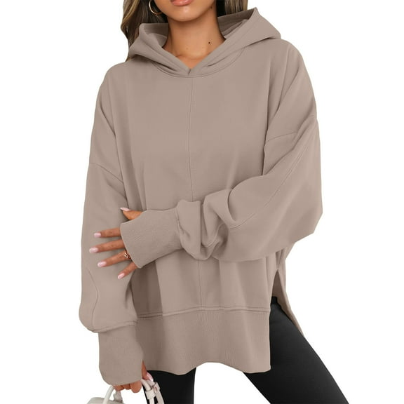 Lumtrix Womens Oversized Hoodies Long Sleeve Side Slit Hooded Sweatshirts Pullover 2026 Fall Y2K Clothes Fashion Thumbholes Tops Khaki S