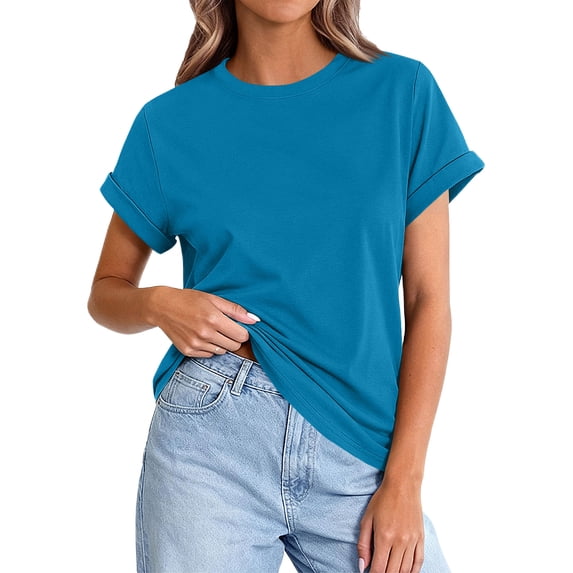 Lumtrix Womens Oversized T Shirts Summer Rolled Short Sleeve Tops Casual Loose Fit Basic Crew Neck Tees Royal Blue L