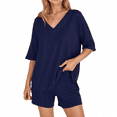 thumbnail image 1 of Lumtrix Womens Pajama Sets Half Sleeve Knit Lounge Set 2 Piece Sets For Women V Neck Casual Oversized Loungewear Navy S, 1 of 7