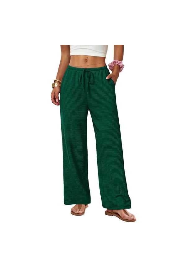 Womens Palazzo Pants Wide Leg Flowy Drawstring High Waisted Trendy Casual Trousers 2026 Summer Beach Vacation Clothes Dark Green S