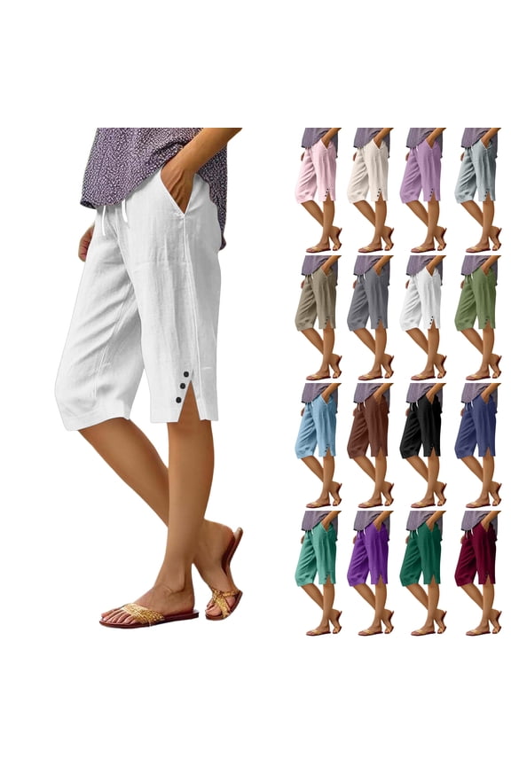 Womens Pedal Pushers 2026 Summer Casual Pull On Linen Bermuda Shorts Knee Length Side Slit Beach Gauze Capris With Pockets Blue 5XL