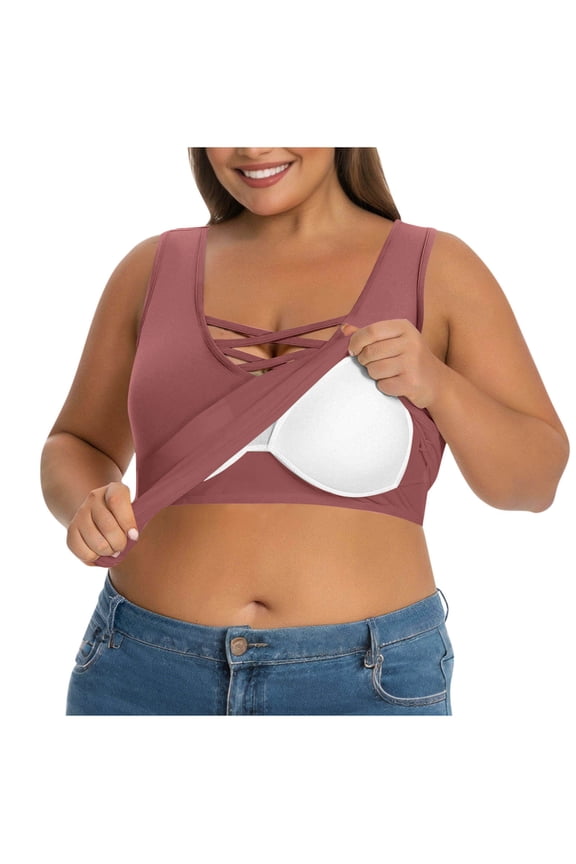 Womens Plus Size Tank Tops With Built In Bra Wide Strap Camisole Crisscross Front Summer Basic Udershirts Pink 3XL