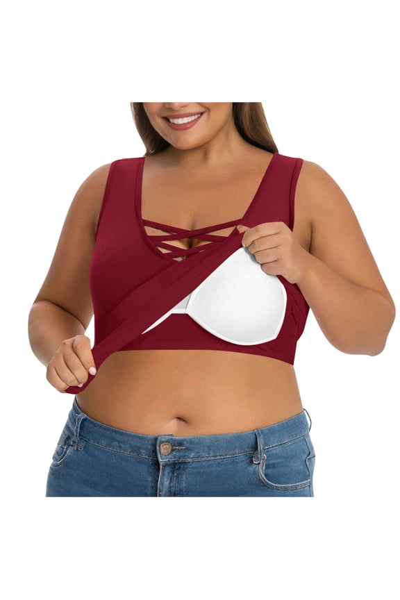 Womens Plus Size Tank Tops With Built In Bra Wide Strap Camisole Crisscross Front Summer Basic Udershirts Wine L