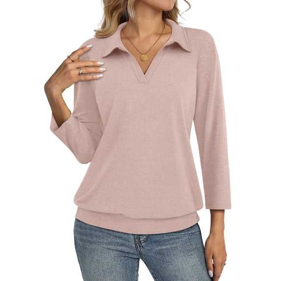 Lumtrix Womens Polo Shirts 3/4 Sleeve Collared Tops Business Casual Tops Collared V Neck Dressy Blouses Loose Fit Beige L