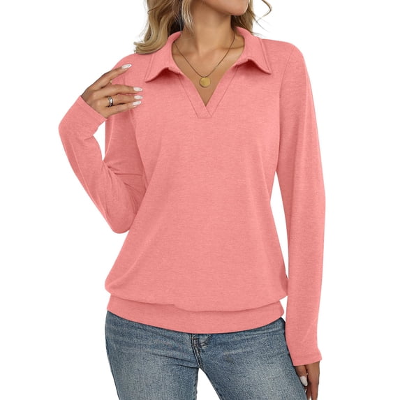 Lumtrix Womens Polo Shirts Long Sleeve Collared Tops Business Casual Tops V Neck Dressy Blouses Loose Fit Pink M