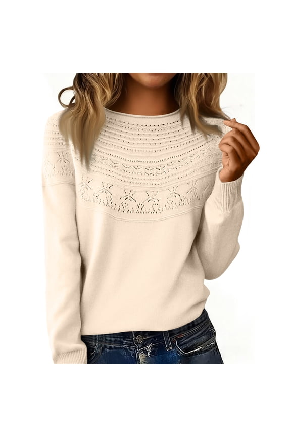 Womens Pullover Sweaters Crewneck Long Sleeve Hollow Out Crochet Tops Fall Winter Loose Clothing Beige L