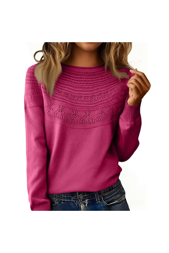 Womens Pullover Sweaters Crewneck Long Sleeve Hollow Out Crochet Tops Fall Winter Loose Clothing Hot Pink L