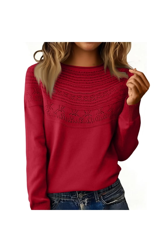 Womens Pullover Sweaters Crewneck Long Sleeve Hollow Out Crochet Tops Fall Winter Loose Clothing Red L