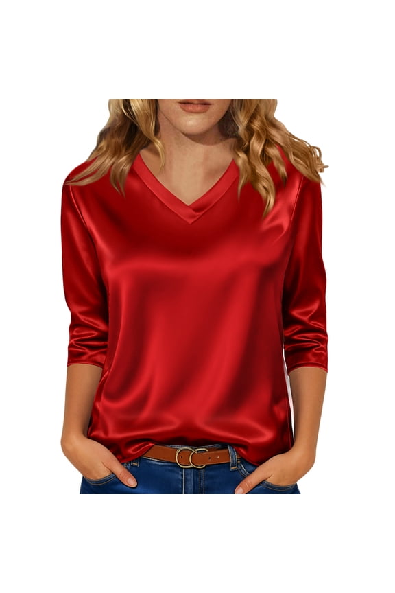 Womens Satin Silk 3/4 Length Sleeve Tunic Tops Trendy Silky V Neck Business Casual Shirt Dressy Blouses Red 2XL