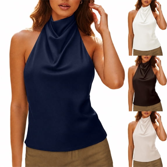 Lumtrix Womens Satin Tanks Draped Front Backless Halter Tops Casual Sleeveless Shirts Silky Summer Camisole Brown M